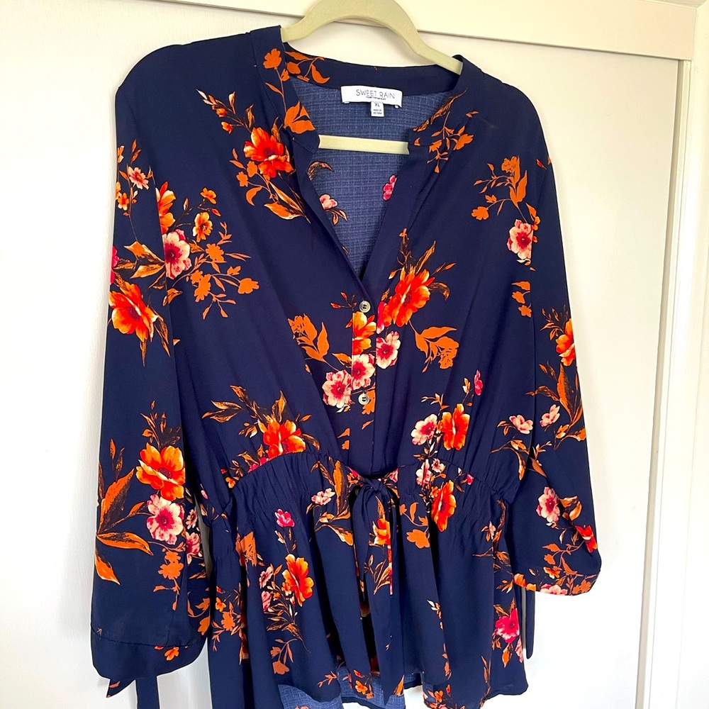 Navy Blue + Orange Floral blouse